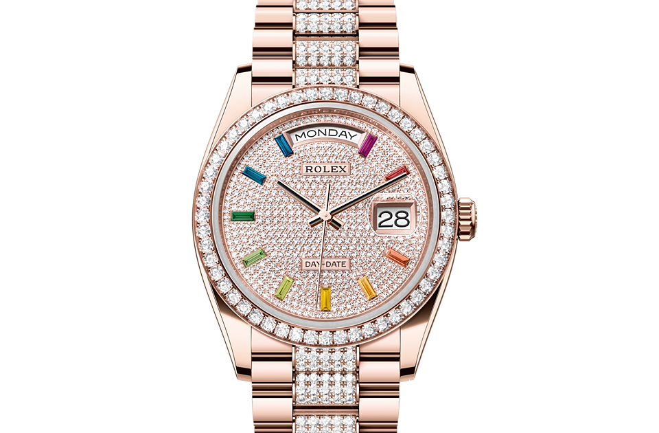 Rolex Day-Date 36 Oyster, 36 mm, Everose gold and diamonds - M128345RBR-0043 at Juwelier Wagner