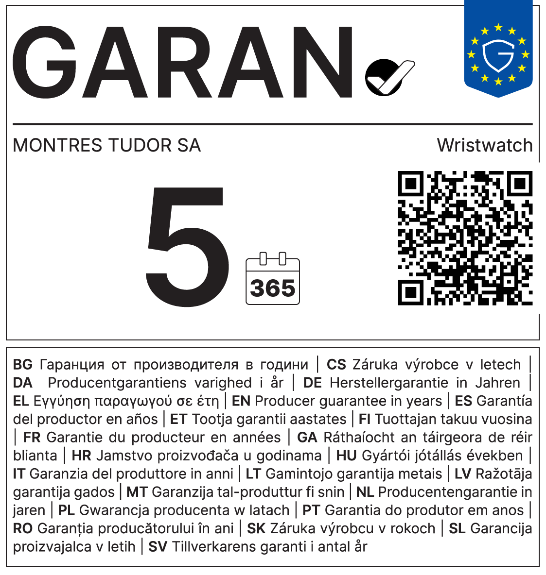 Offizielles EU-GARAN-Label: Montres Tudor SA, Armbanduhr, 5 Jahre.