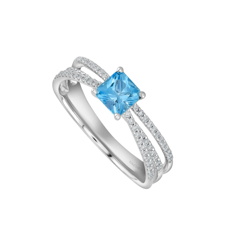 Jolie Square Ring aus 18 Kt Weißgold mit Diamanten und Topas