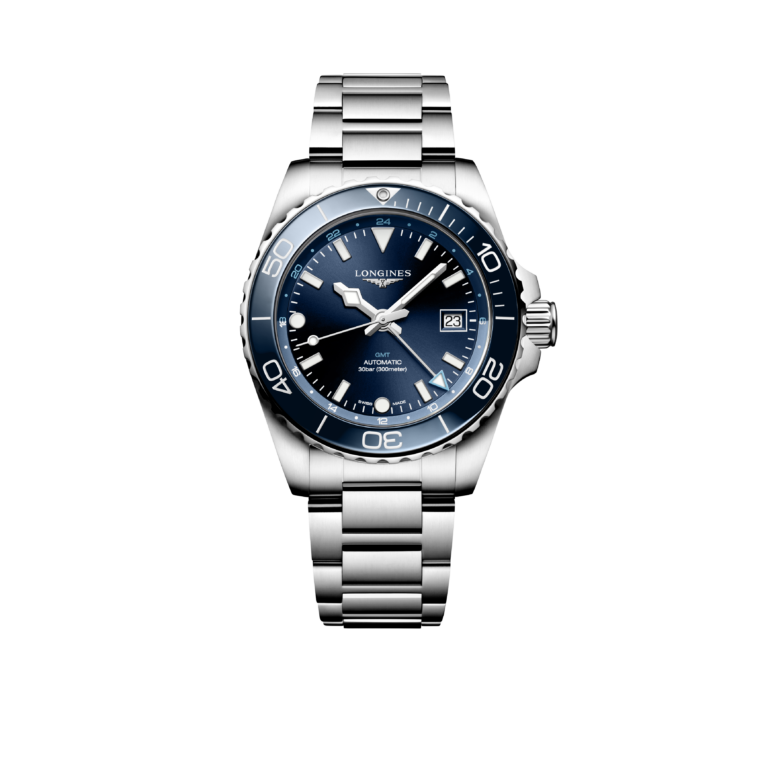 Longines, HydroConquest GMT Armbanduhr aus Stahl / Keramik, Referenz L3.790.4.96.6, Produktaufnahme