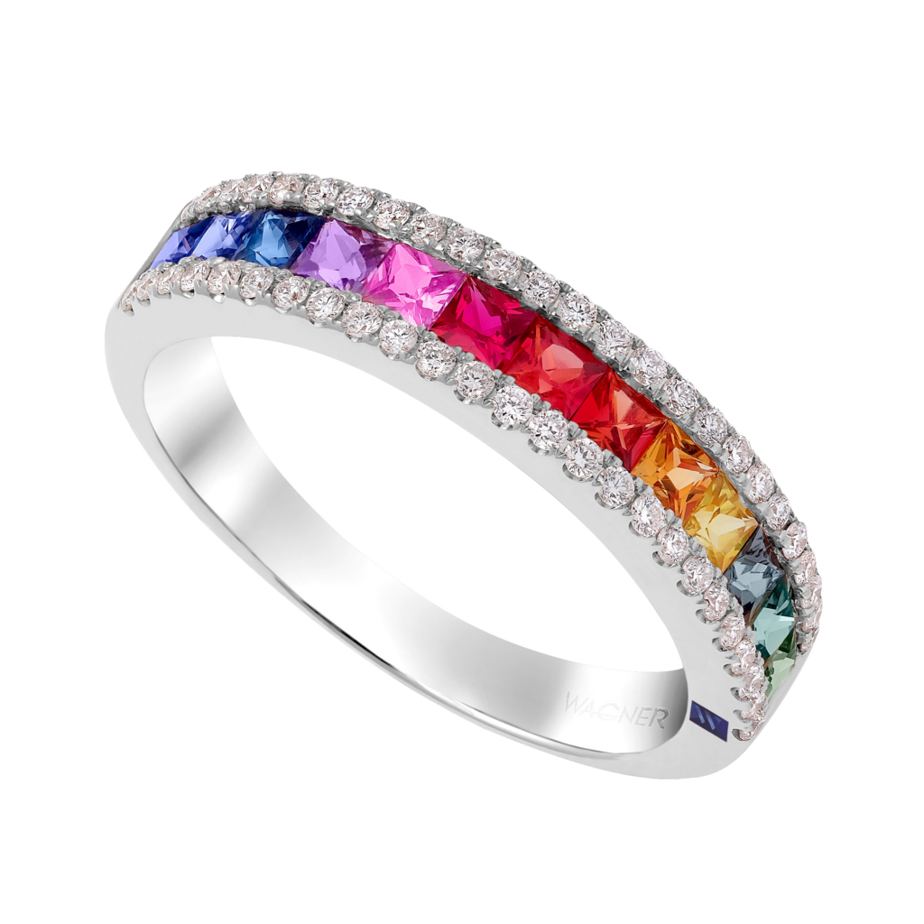Wagner, Rivière Rainbow Ring aus 18 Kt Weißgold mit Diamanten und Saphir, Referenz RI807.R.WX, Produktaufnahme