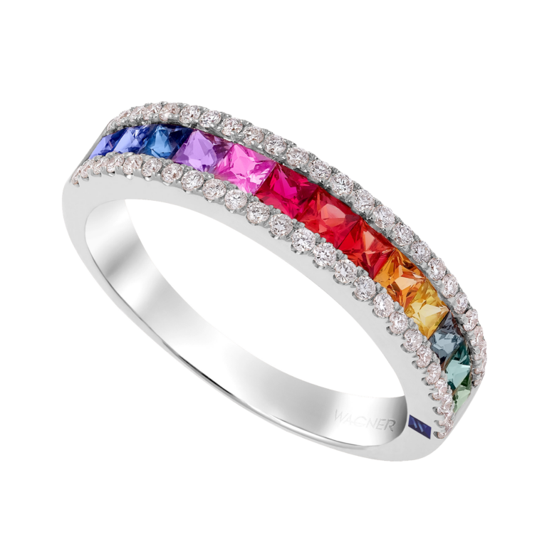 Rivière Rainbow Ring aus 18 Kt Weißgold mit Diamanten und Saphir