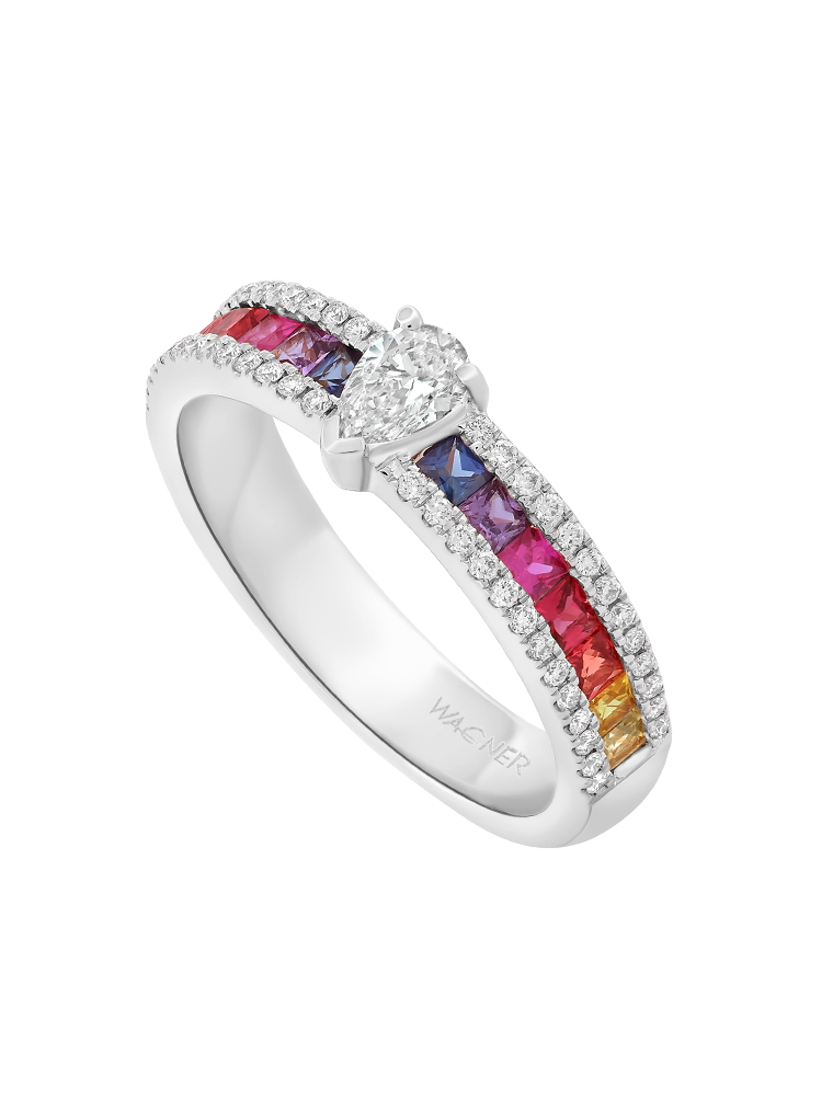 Wagner, Rivière Rainbow Ring aus 18 Kt Weißgold mit Diamanten und Saphir, Referenz RI818.R.WX, Produktaufnahme