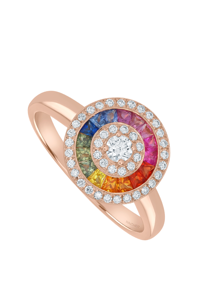Wagner, Rivière Rainbow Ring aus 18 Kt Roségold mit Diamanten und Saphir, Referenz RI827.R.RX, Produktaufnahme