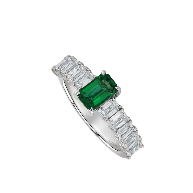 Signature Ring aus 18 Kt Weißgold mit Diamanten und Smaragd