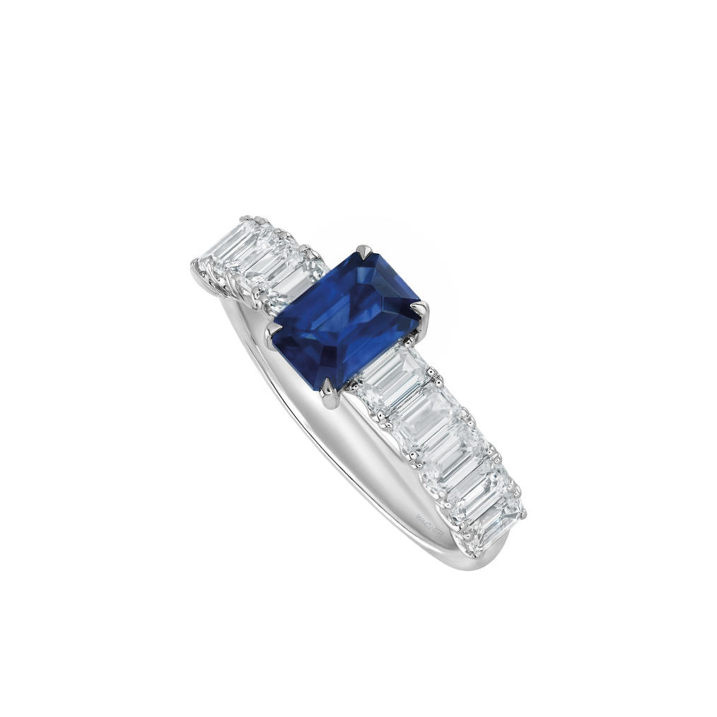 Wagner, Signature Ring aus 18 Kt Weißgold mit Diamanten und Saphir blau, Referenz S1113.R.WX, Produktaufnahme