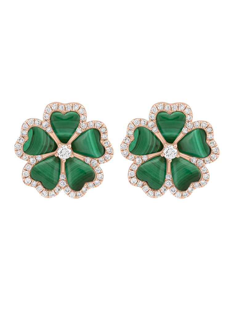 WAGNER_Flora Collection_earrings_18 kt rose gold, 0.49 ct diamonds, malachite_EUR 4830