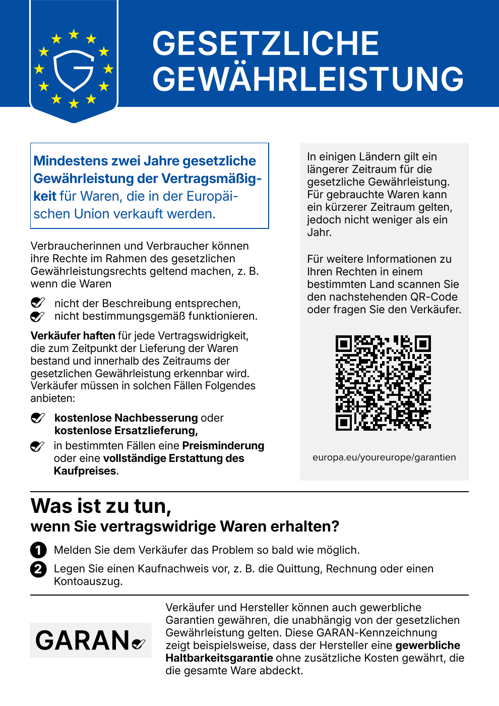 Amtliche EU-Mitteilung zur gesetzlichen Gewährleistung. Vollständiger Text in der Lesefassung auf dieser Seite; zusätzlich enthält die Abbildung ein GARAN-Beispiel mit einer fünfjährigen Herstellergarantie und den QR-Code zur verlinkten EU-Informationsseite.