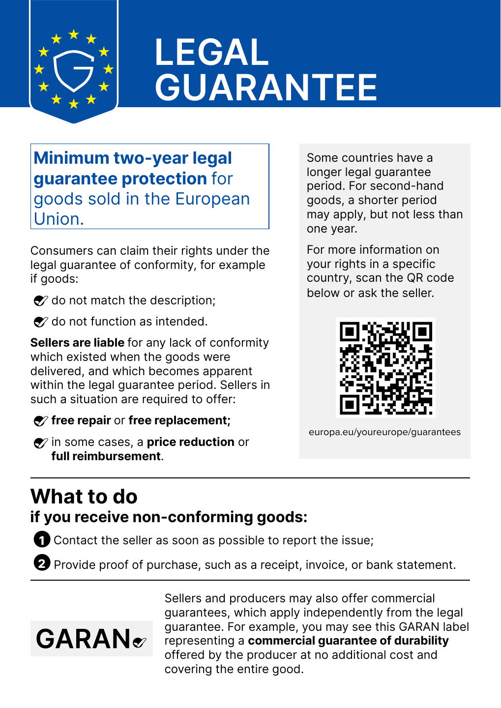 Official EU legal guarantee notice. The full text is available above. The image also includes the GARAN label and a QR code linking to the EU information page.