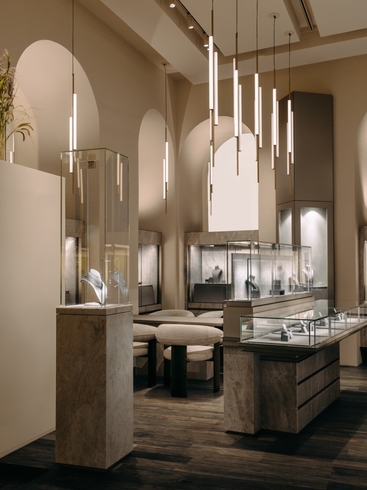 Interior of the Wagner Boutique Graben with illuminated jewellery showcases