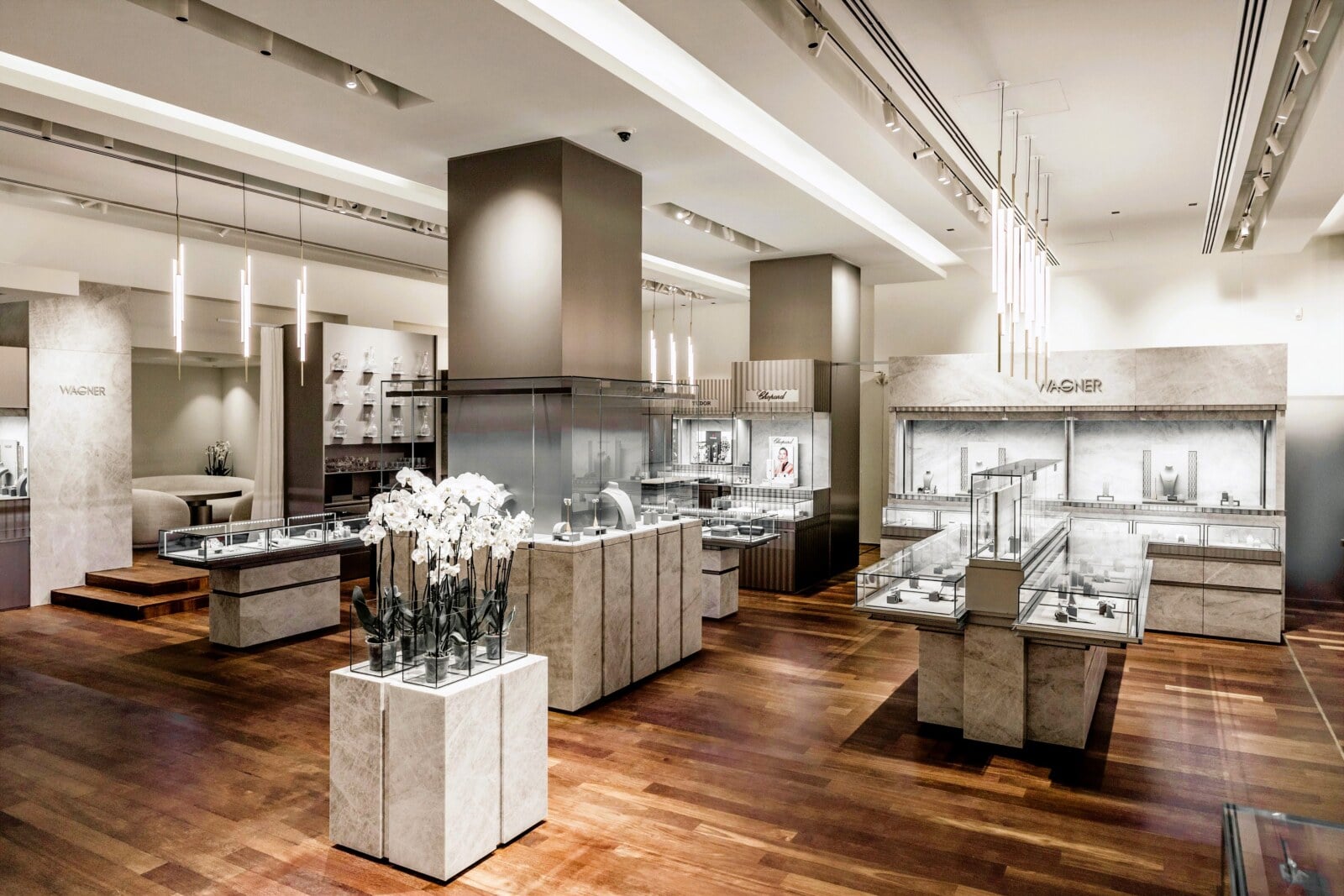 Interior of the WAGNER flagship store with jewellery showcases